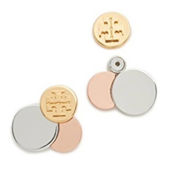 NWOT Tory Burch Tri Color Gold Round Logo Stud Earrings - Picture 1 of 8